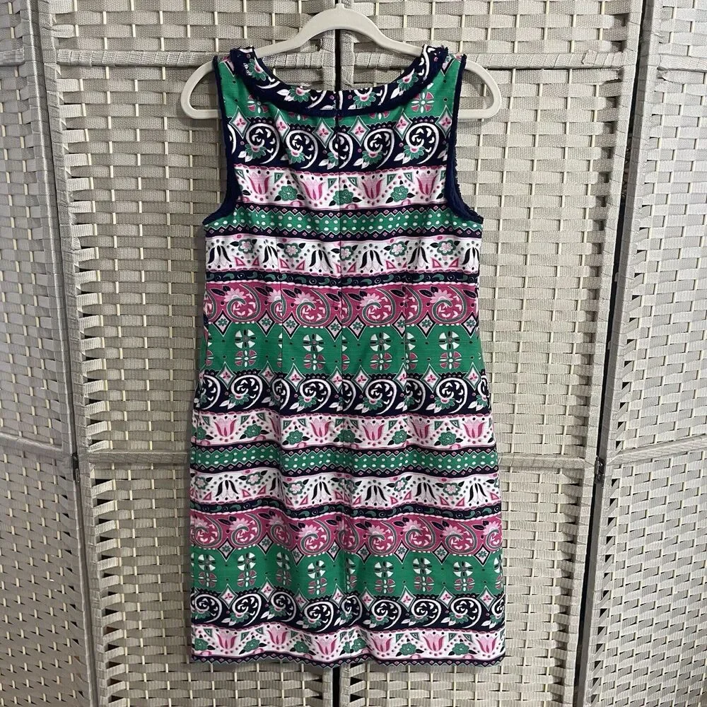 Talbots Sleeveless Sheath Dress Size 8 Green Pink Blue Stripe Fringed Lined - Picture 2 of 12